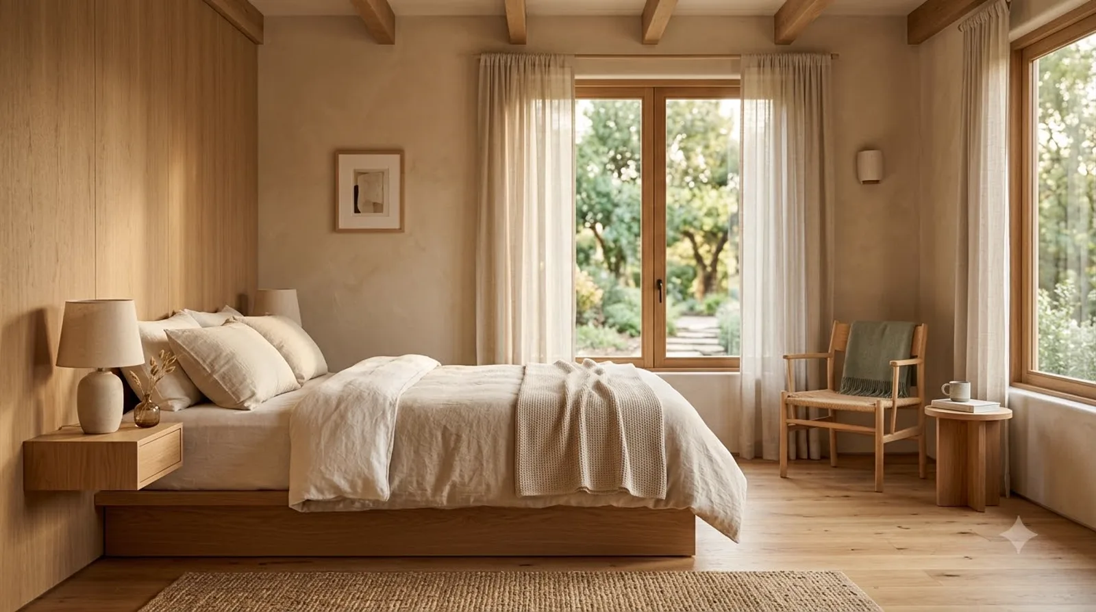 오크 침대와 리넨 이불이 놓인 객실, 창밖으로 정원이 보인다